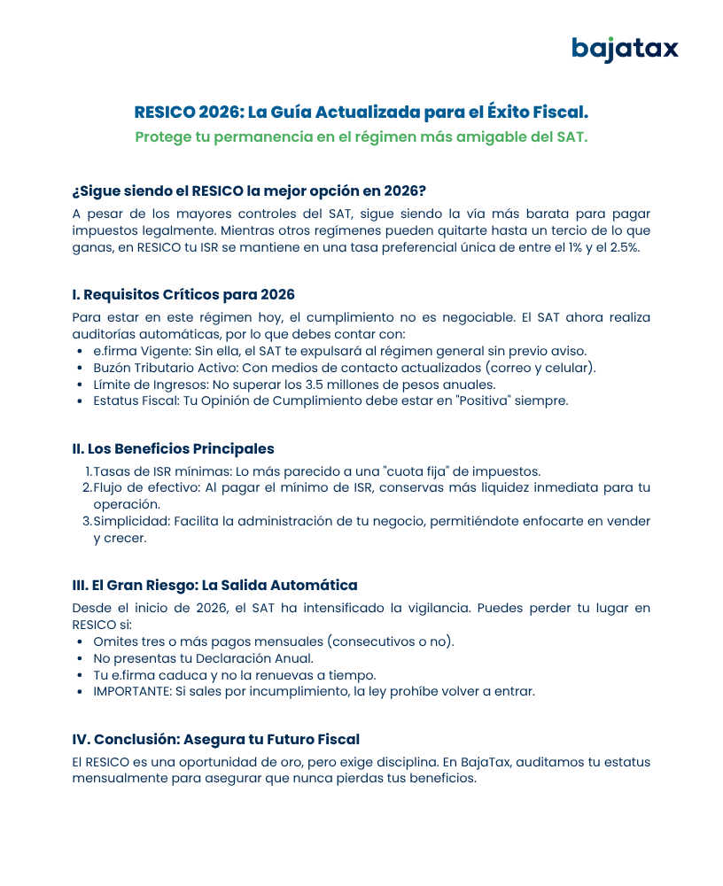 Portada de la Guía RESICO 2026 de Baja Tax - Éxito Fiscal